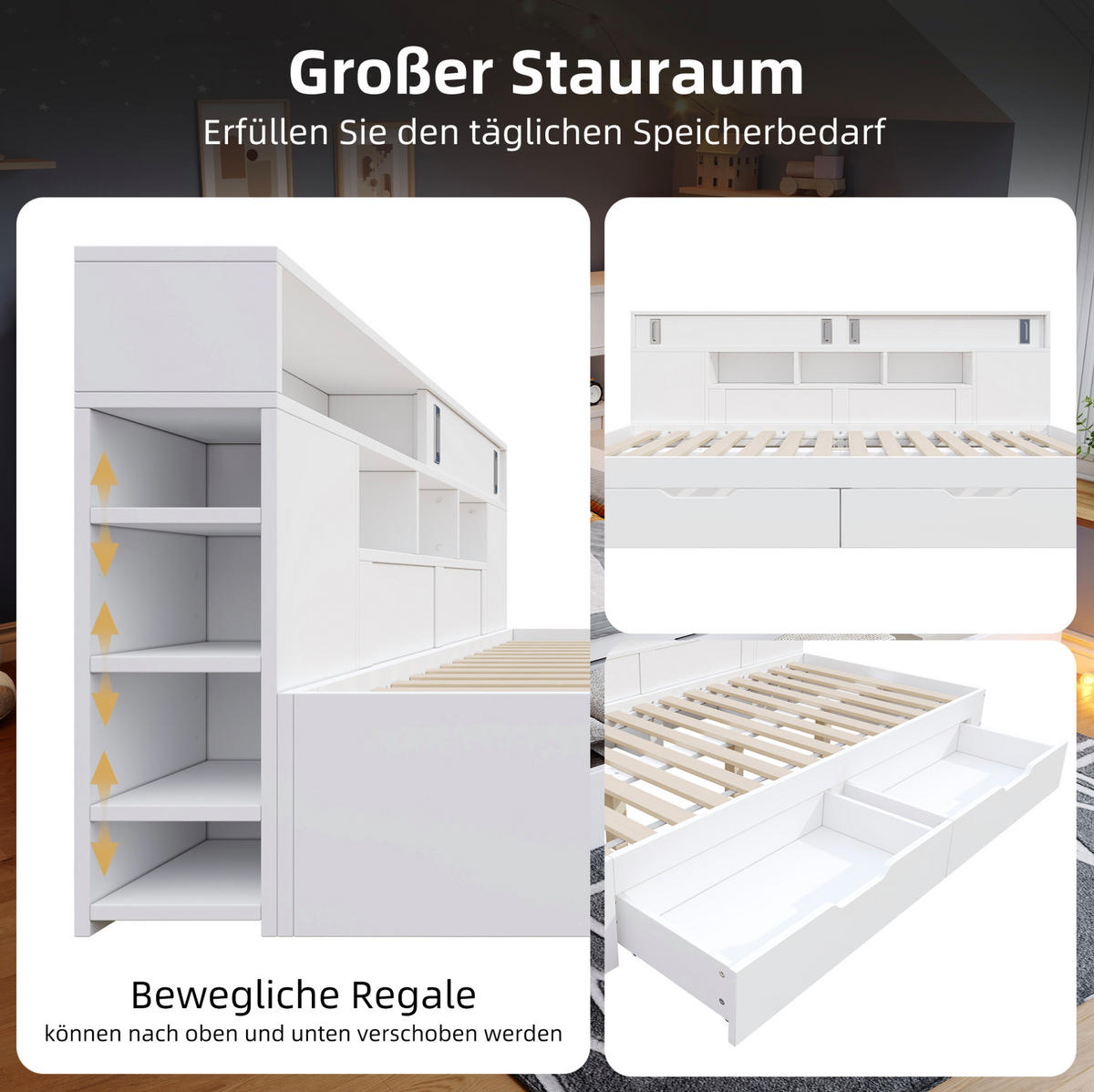KINDERBETT aus MDF 90x190 cm Weiß mit 2 Schubladen, Schiebetür-Schrank und verstellbaren Regalen - Weiß, Holzwerkstoff (90/190cm) - Modfu