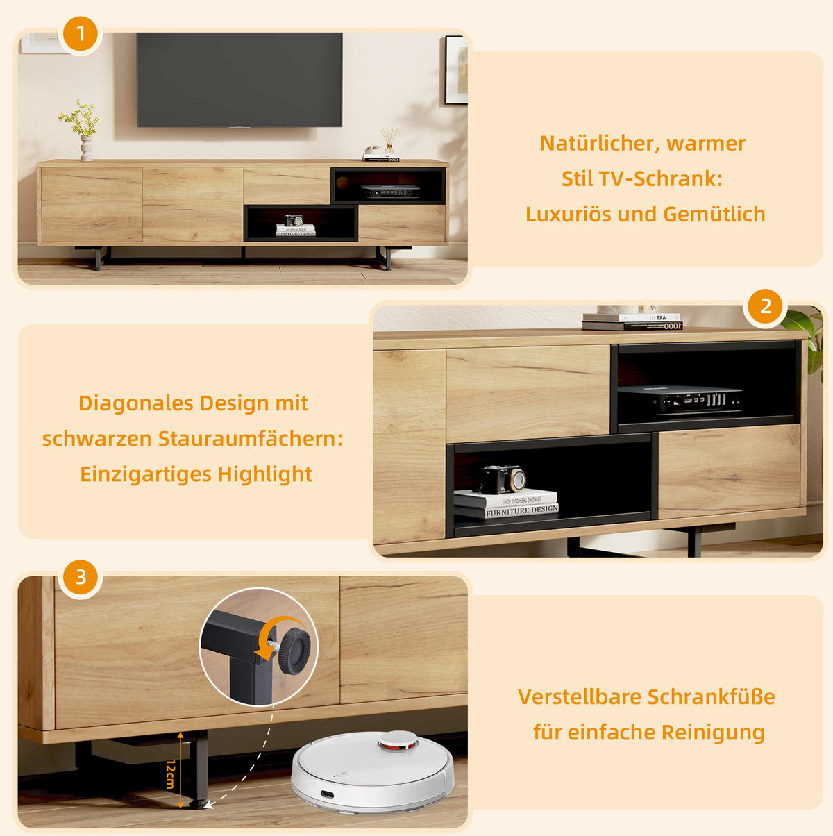 LOWBOARD 173/38/48 cm holzfarben aus Spanplatte mit Kabeldurchführung - Naturfarben, Holzwerkstoff (38/48/173cm) - OKMYHOME