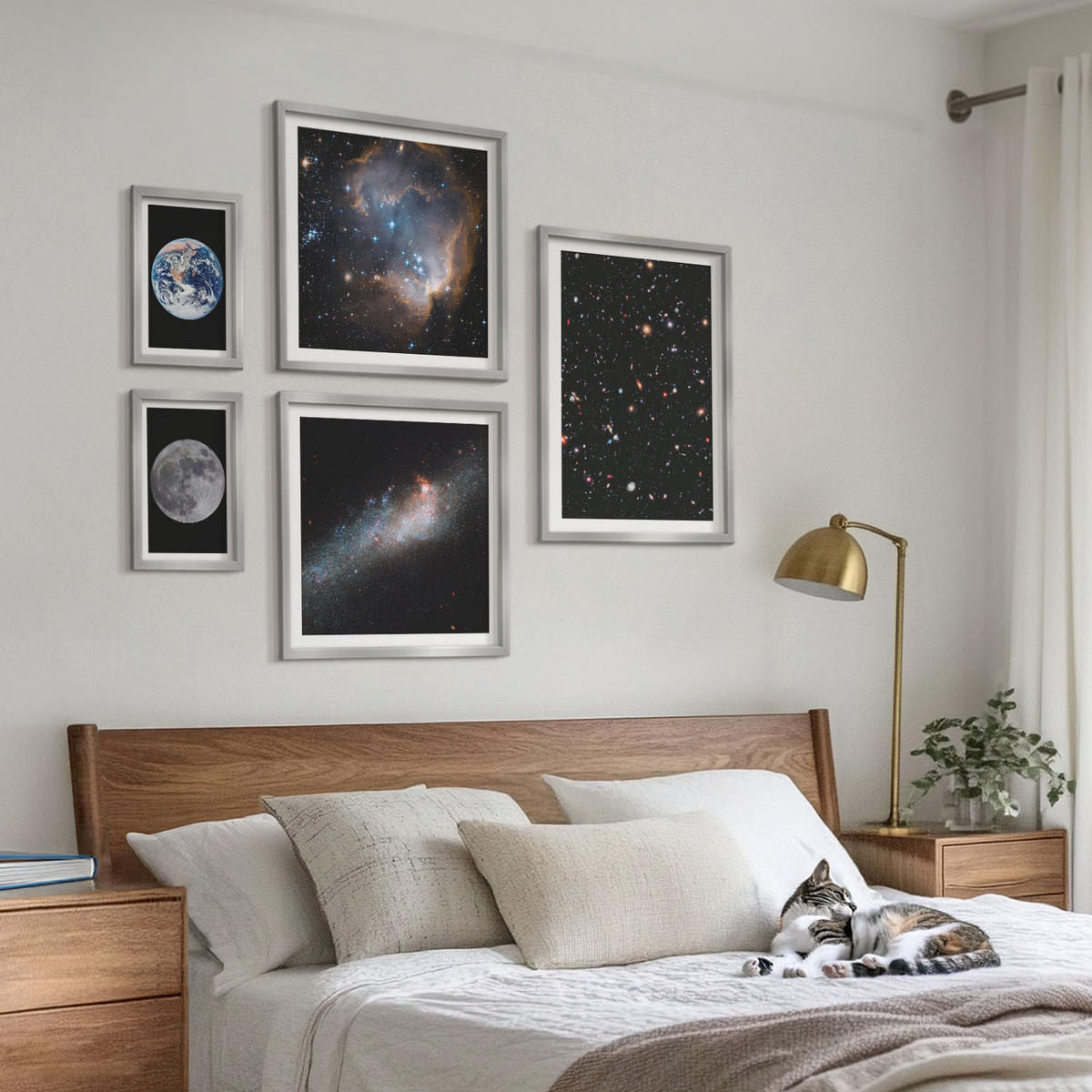 BILDER SET 5er Set - 50x50 cm & 20x30 cm & 40x60 cm Silberner Rahmen - Galaxie Weltraum Mond - Silberfarben, Kunststoff (40/60cm) - TULUP