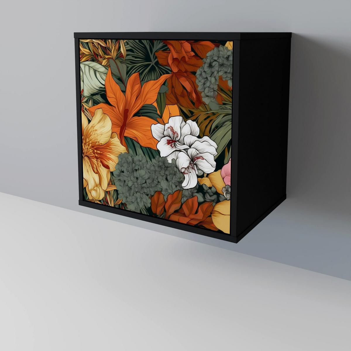 SIDEBOARD RADIANT FLORA, Schwarz, 57,5x42x67,5 cm, Schwarze Metall-Rahmenfüße - Multicolor/Schwarz, Holzwerkstoff/Metall (57.5/67.5/42cm) - SpaceRebels