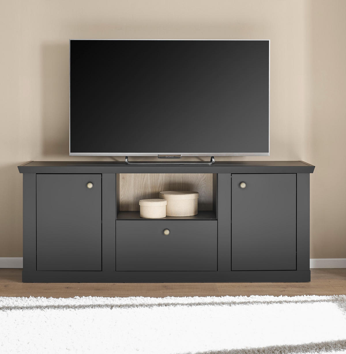 TV-LOWBOARD schwarz matt, Eiche Landhaus 158 cm, TV Unterteil mit Soft-Close - Eichefarben/Messingfarben, Holzwerkstoff/Metall (158/62/42cm) - Furn.Design