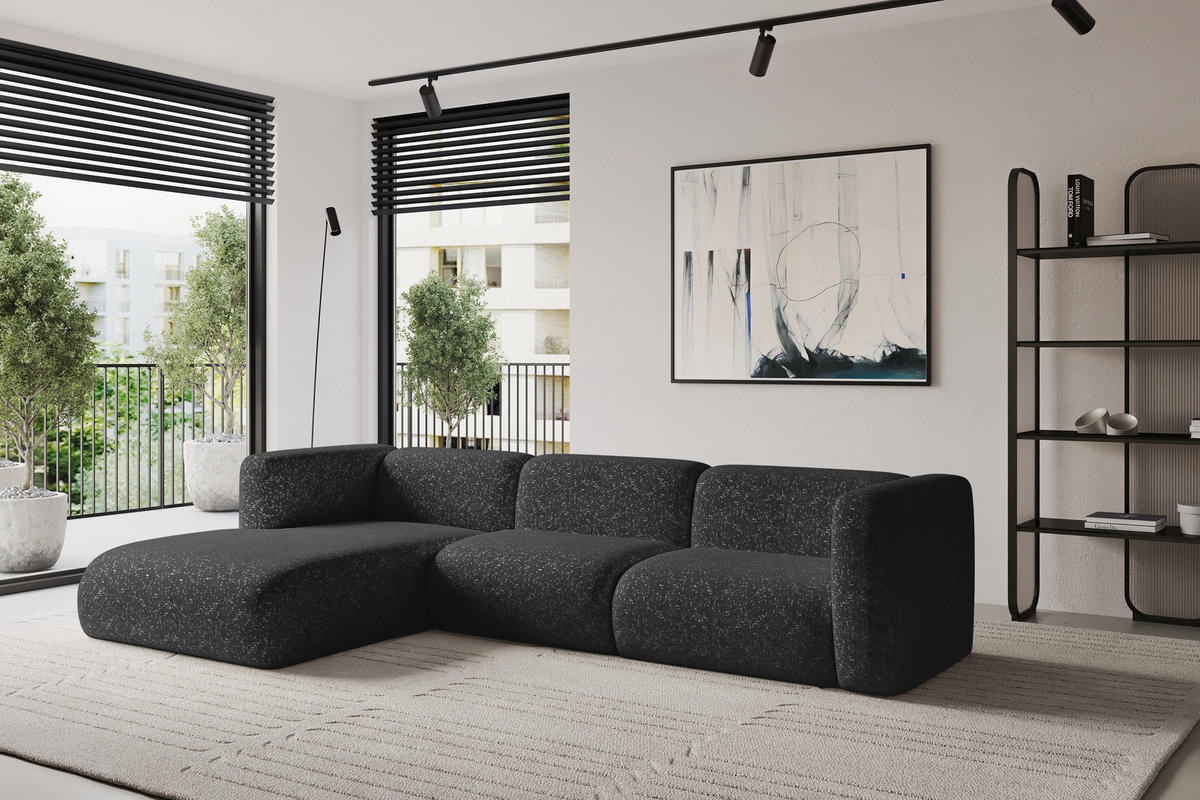 ECKSOFA Ottomane Links MIRA-L1 227x179x89 Schwarz Velours - Schwarz, Holzwerkstoff/Kunststoff (227/179cm) - ALTDECOR