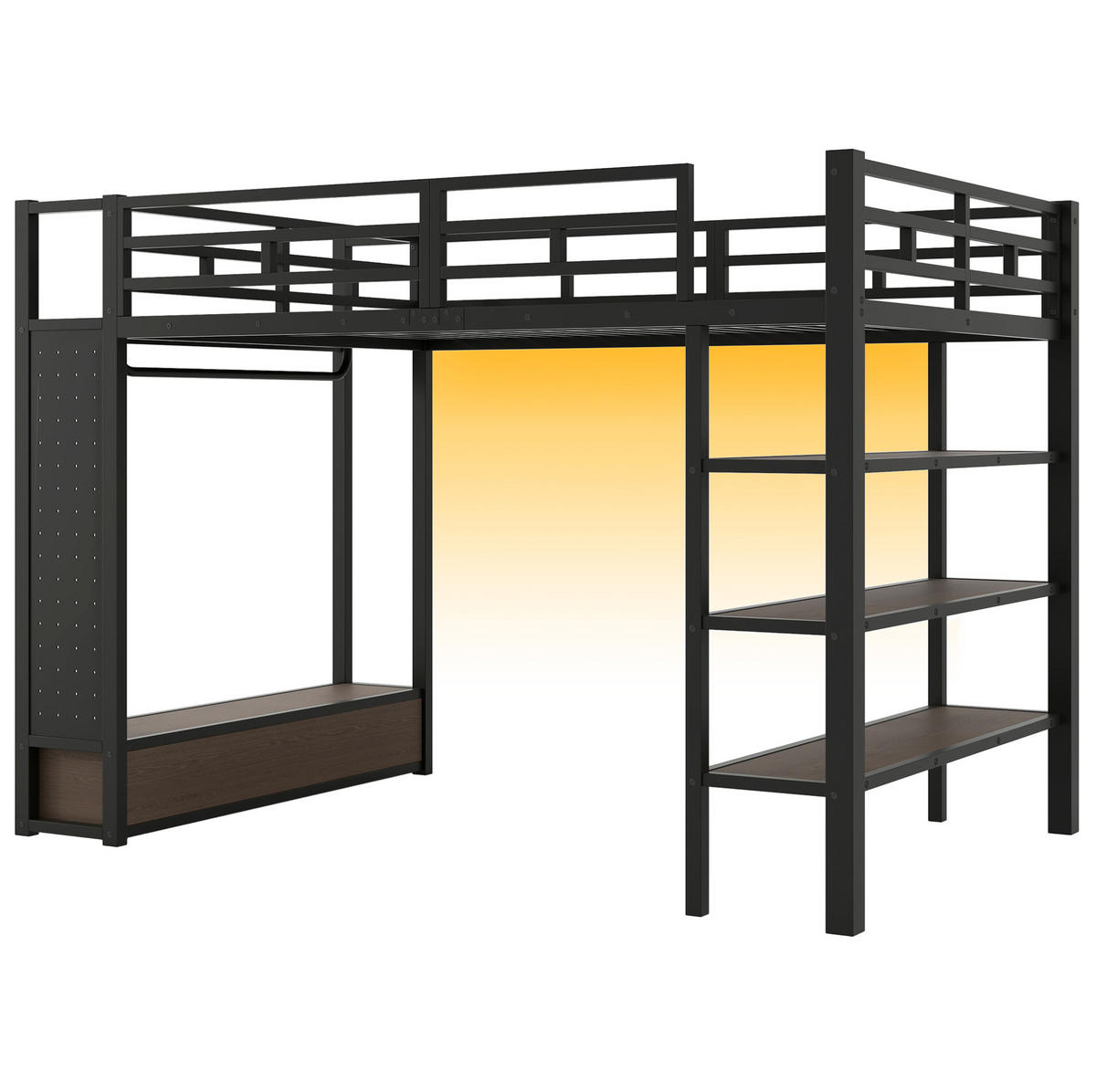 HOCHBETT 140/200 cm mit offenem Kleiderschrank, Regalen, Lochwand und LED-Beleuchtung, Schwarz - Schwarz, Holzwerkstoff (140/200cm) - Redom