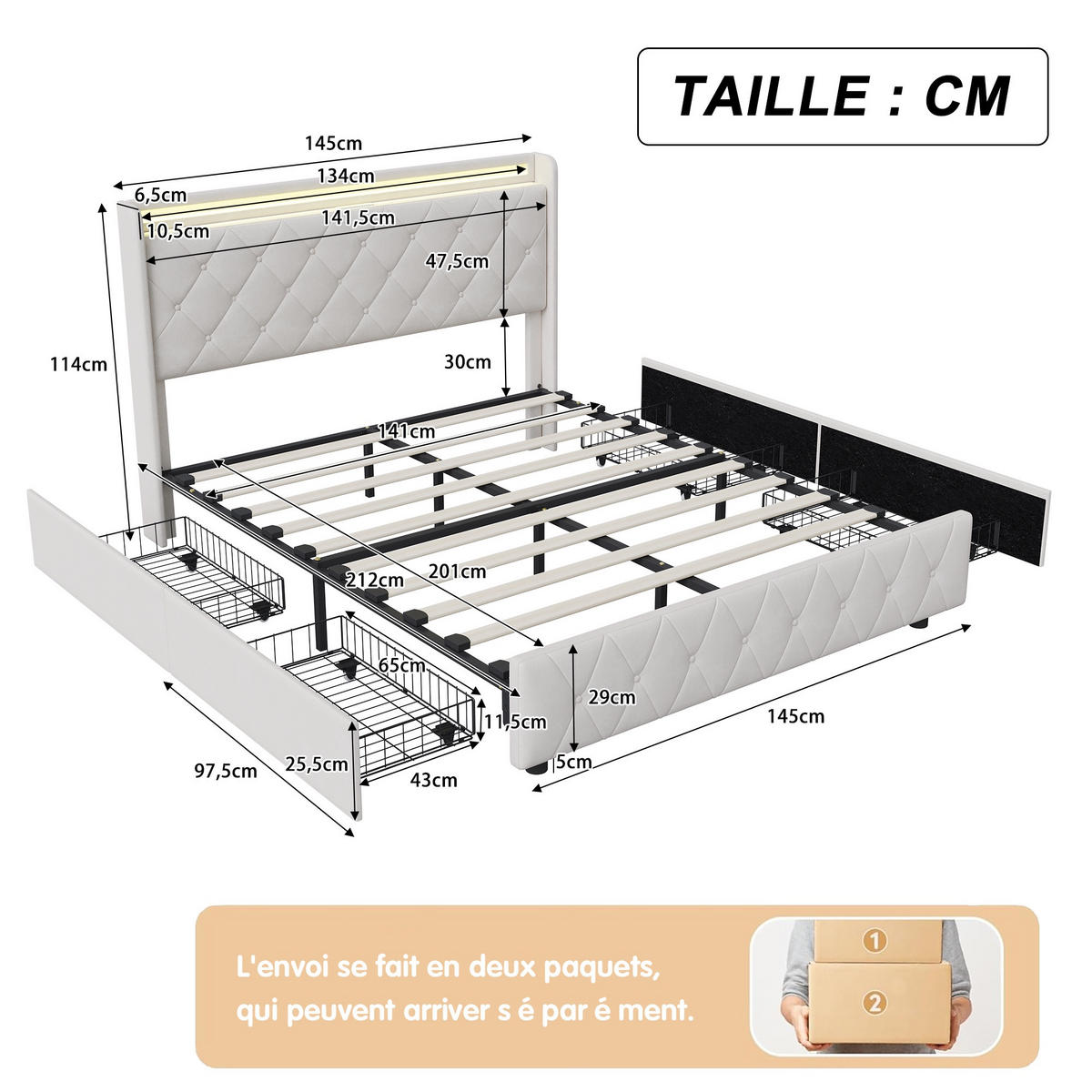 POLSTERBETT 140x200 cm mit LED und USB-Anschluss, 2 Schubladen de Stauraum, Bettgestell aus Leinen, Inklusive Lattenrost - Beige - Beige, Holzwerkstoff (140/200cm) - Brevoria