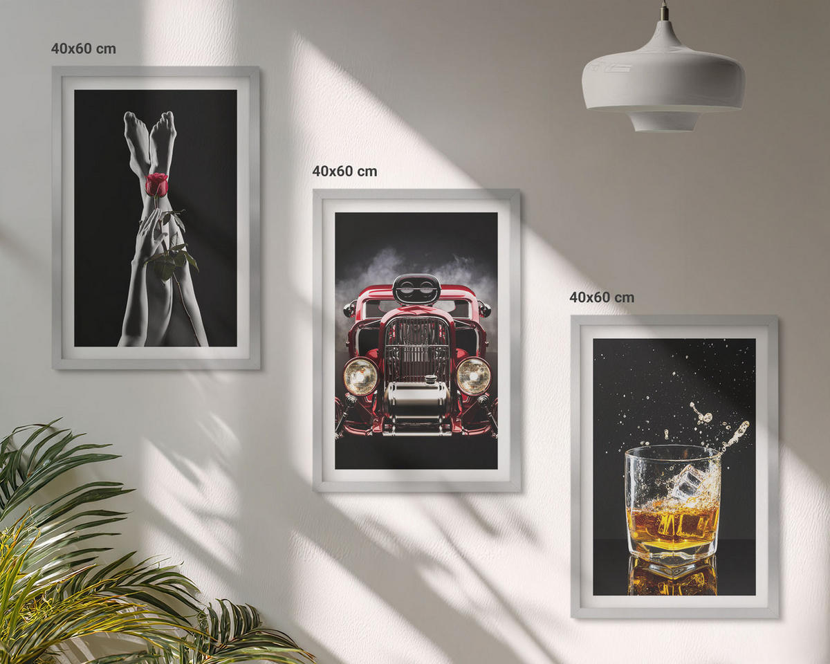 BILDER SET 3er Set - 40x60 cm Silberner Rahmen - Frauenbeine Rosenauto Whisky - Silberfarben, Kunststoff (40/60cm) - TULUP