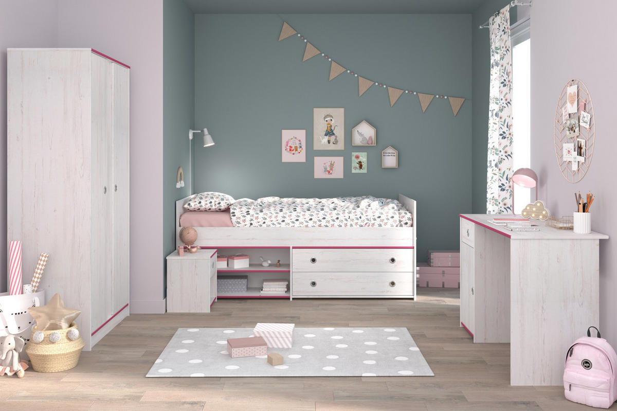 KINDERZIMMER Set Kleiderschrank Schreibtisch Stauraumbett 90x200 cm - Weiß/Kieferfarben, Holz/Holzwerkstoff (203/182/95cm) - Parisot Meuble