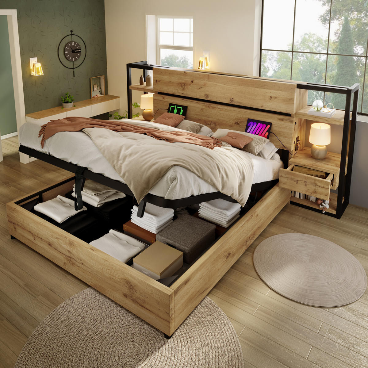 POSTEĽ 160/200 cm z MDF a kovu, dubová, s úložným priestorom a USB nabíjaním - farba duba, kompozitné drevo (160/200cm) - BEAOK