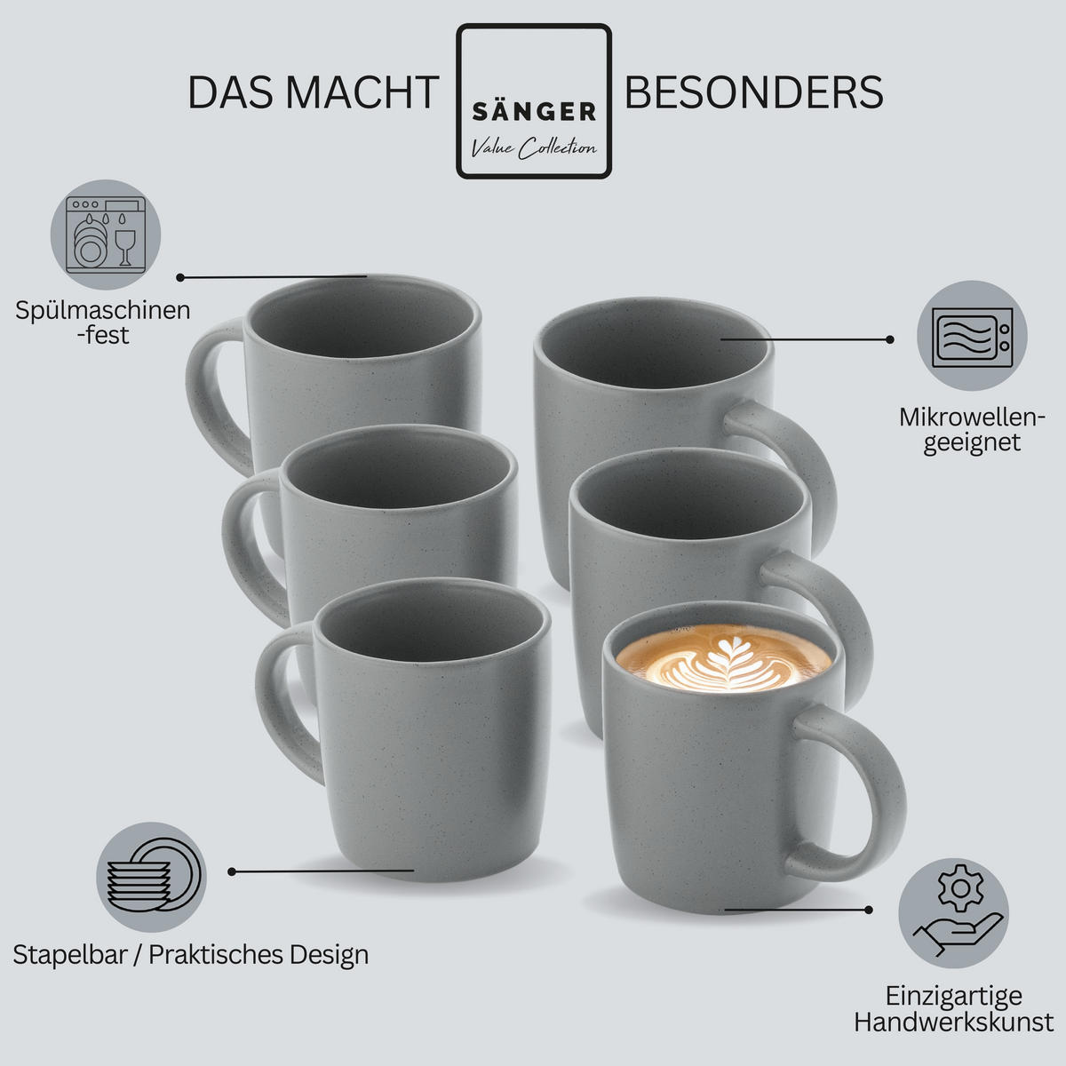 KAFFEEBECHER LEEDS SHADOW - 6 teilig aus Steingut - Grau, Stein (0.38L) - Sänger