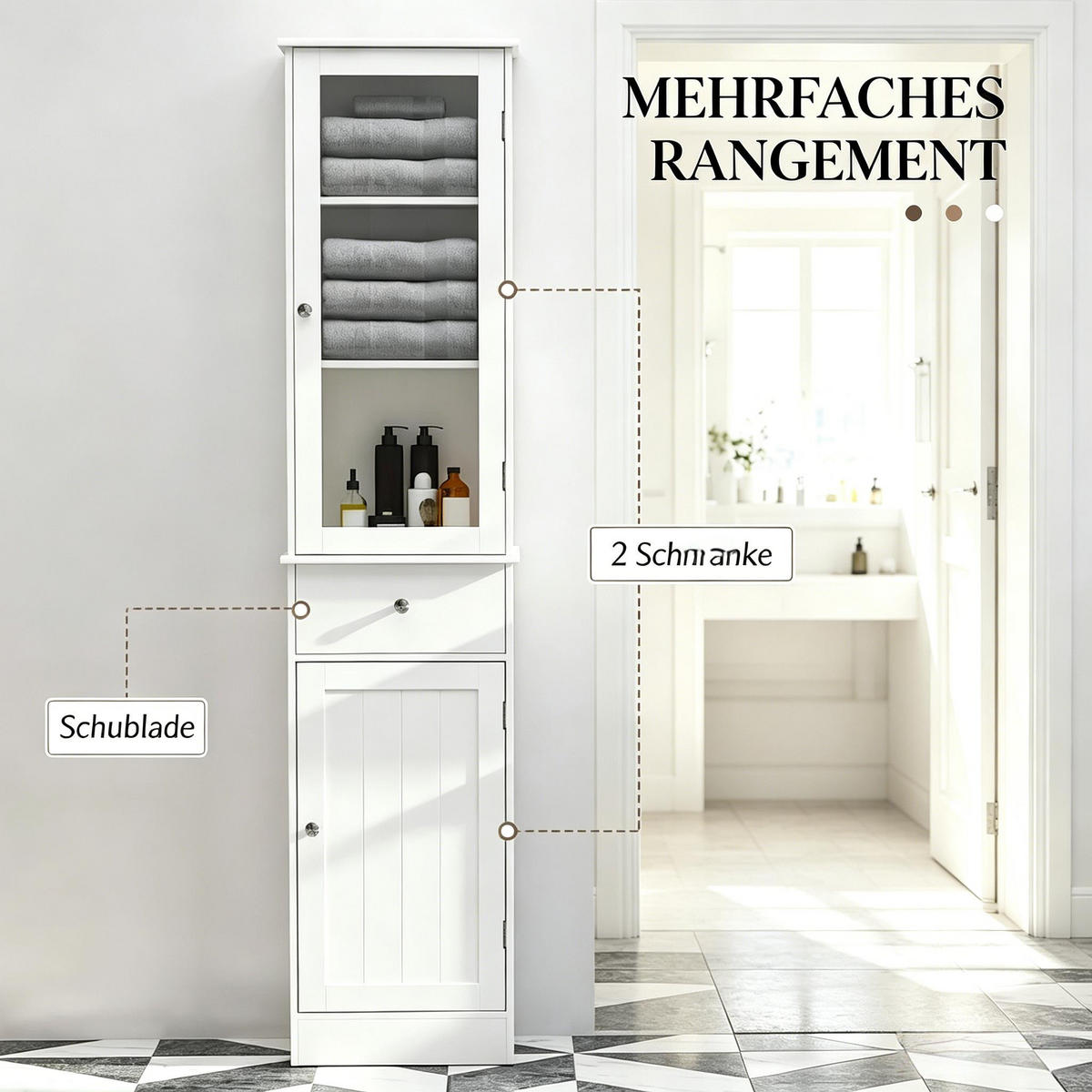 HOCHSCHRANK Weiß mit Türen, Schublade und verstellbaren Einlegeböden 40/27/171,5 cm - Weiß, Holzwerkstoff (40/171.5/27cm) - PANGIVO