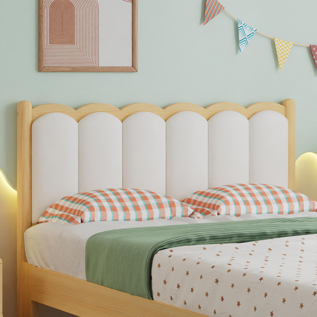 KINDERBETT 90/200 cm in Beige & Natur mit gepolstertem Kopfteil und Wellenoptik - Beige/Naturfarben, Holzwerkstoff/Textil (90/200cm) - STILVORA