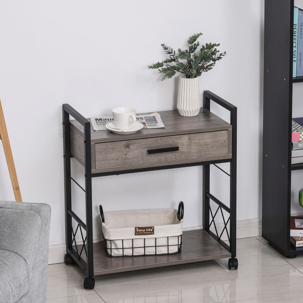 BEISTELLTISCH Servierwagen mit Schublade Ablage Küchenwagen Sideboard Grau - Grau, Kunststoff (60/30/65cm) - HOMCOM