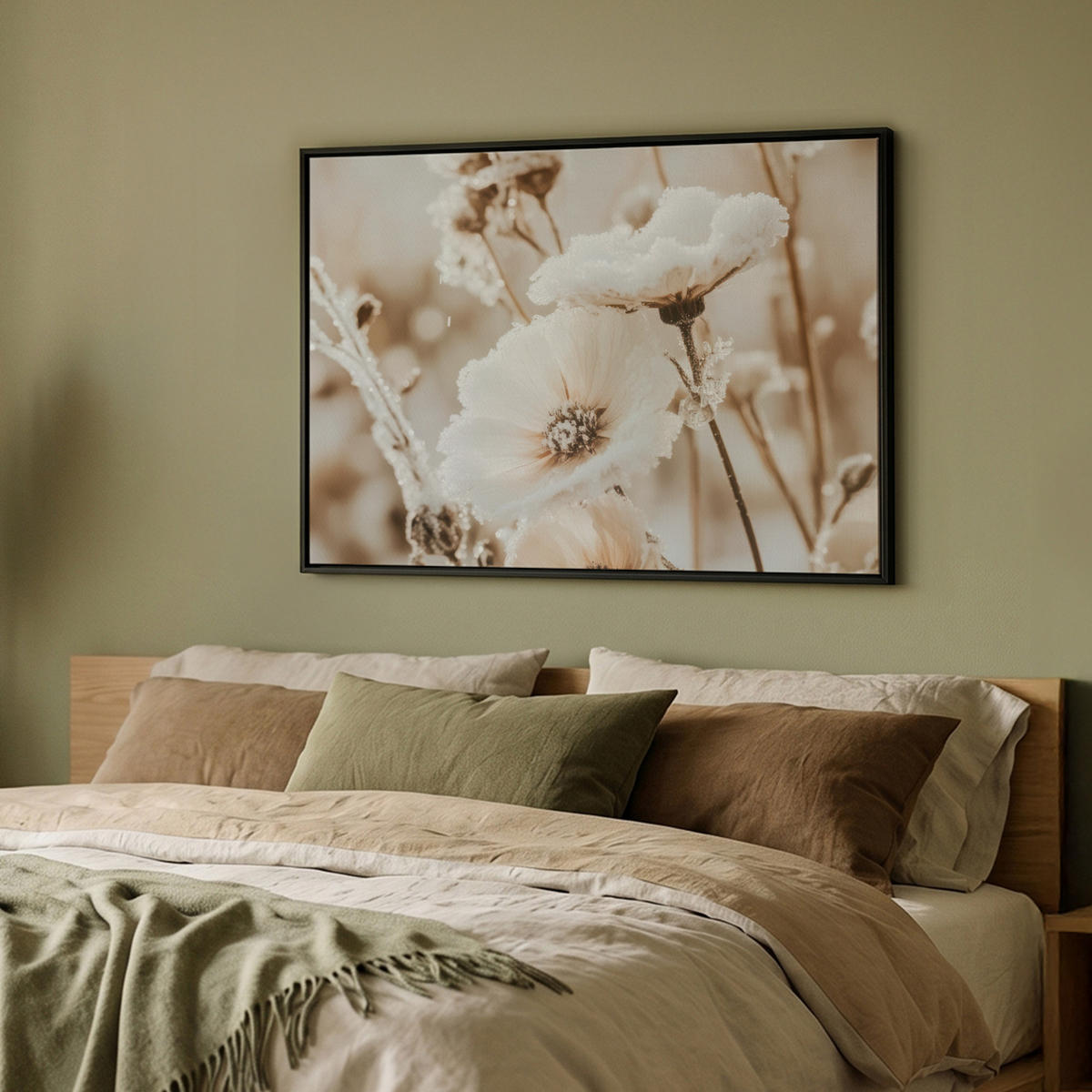 LEINWAND Bilder mit Rahmen - Blumen - Winter - Weiß - Schnee - Beige - 100x70 - Creme, Textil (100/70cm) - MuchoWow