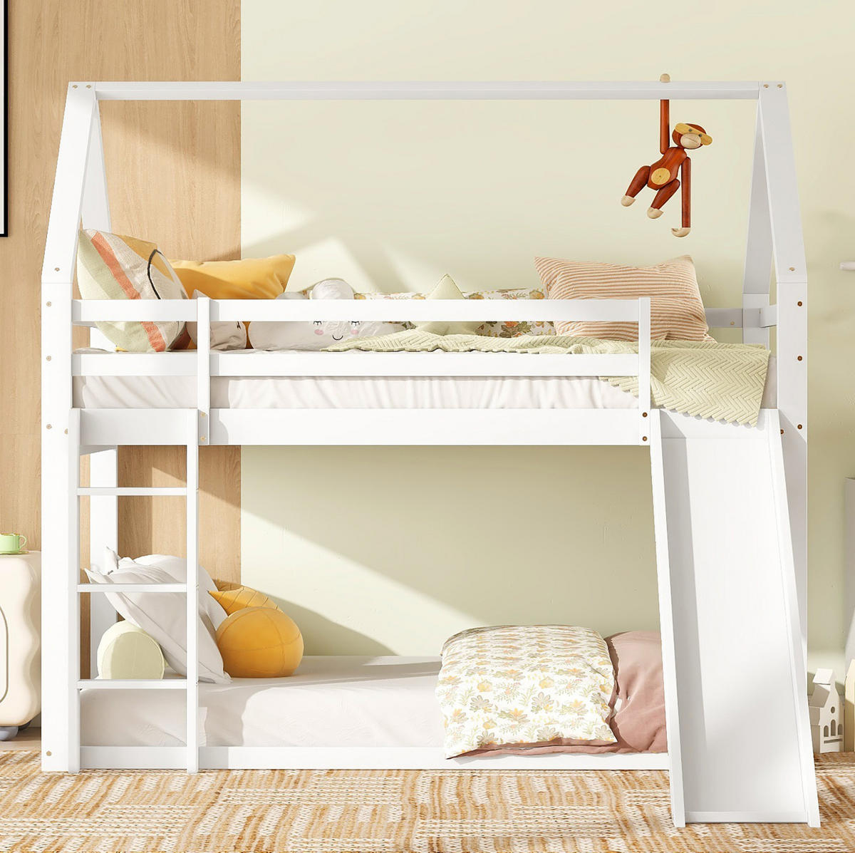 ETAGENBETT in Hausform mit Rutsche 90x200 cm Kiefernholz Weiß - Weiß, Holzwerkstoff (90/200cm) - Beauniv