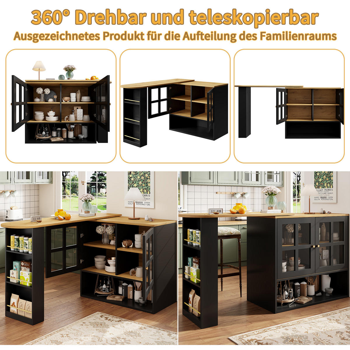 BARTISCH 360° Drehbar Sideboard Glasregale Schwarz - Schwarz, Holzwerkstoff (39/138/102.5cm) - FLIEKS