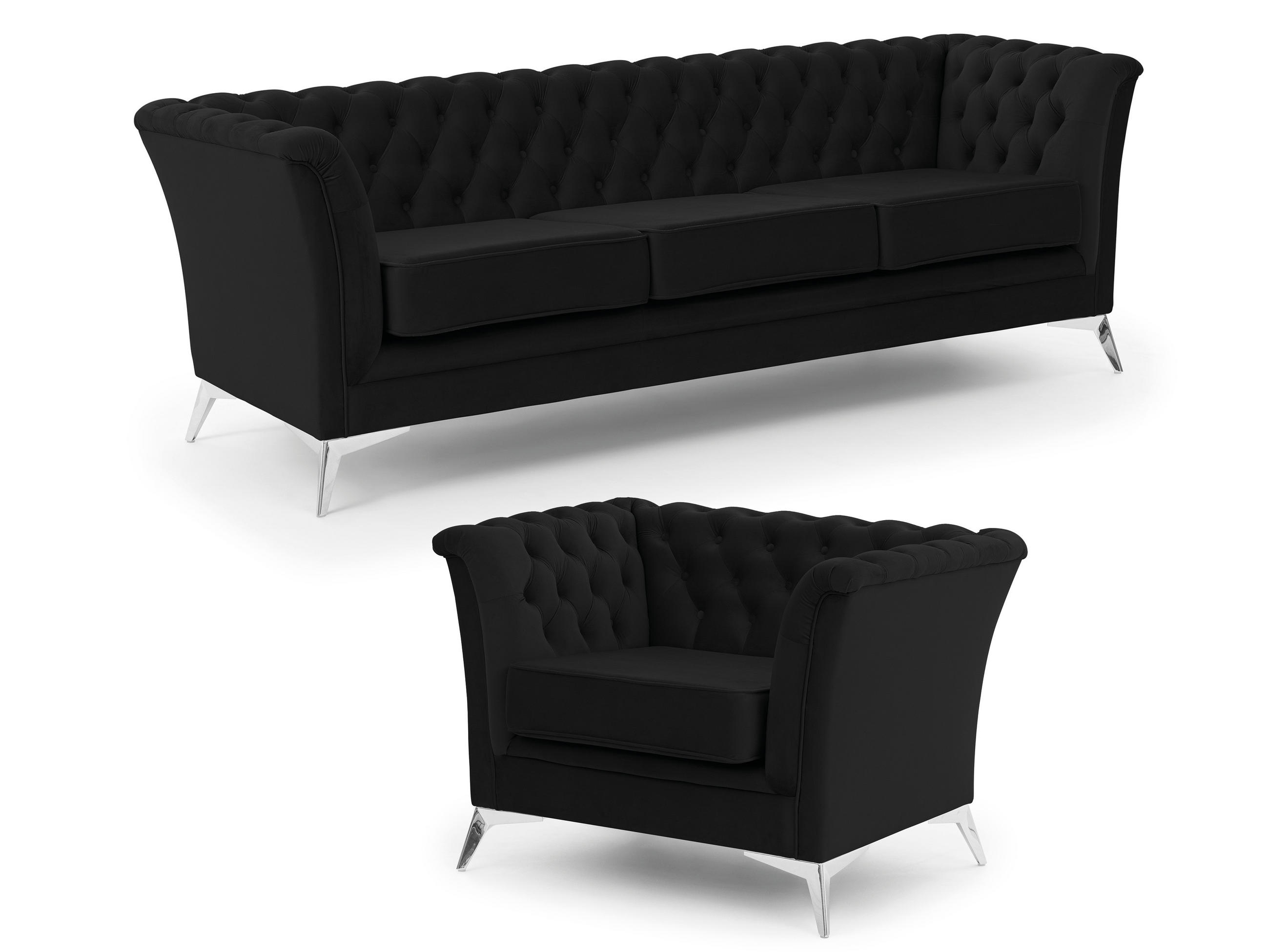SITZGARNITUR 3+1 Chesterfield Whitby Schwarz Samt mit silbernen Füßen - Silberfarben/Schwarz, Holz/Textil (237/78/82cm) - S-Style Möbel