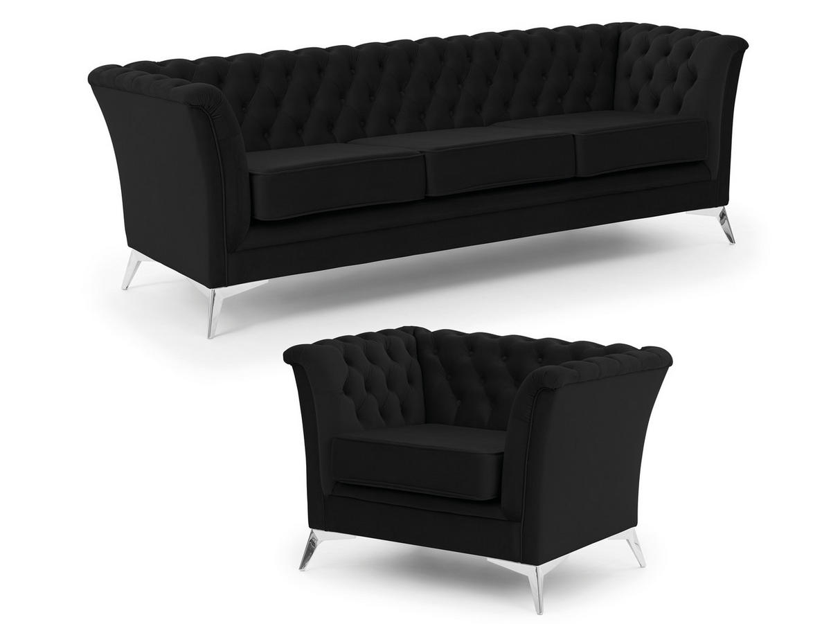 SITZGARNITUR 3+1 Chesterfield Whitby Schwarz Samt mit silbernen Füßen - Silberfarben/Schwarz, Holz/Textil (237/78/82cm) - S-Style Möbel