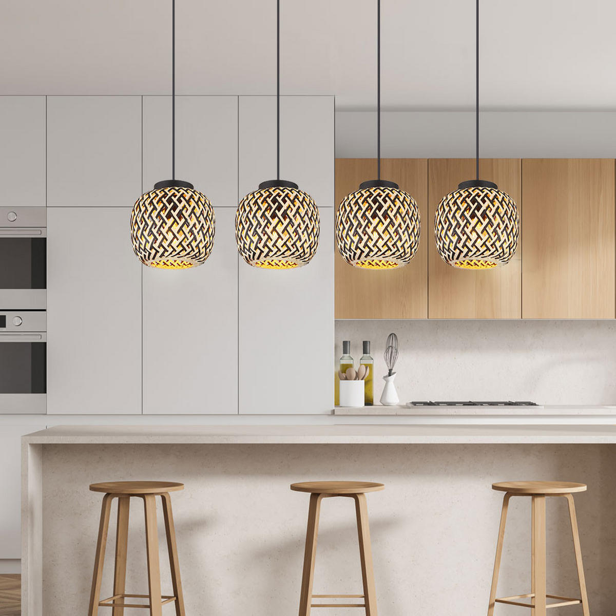 LED HÄNGELEUCHTE Metall Braun Bambus 4-flammig - Braun, Metall (100/20/120cm) - Globo Lighting