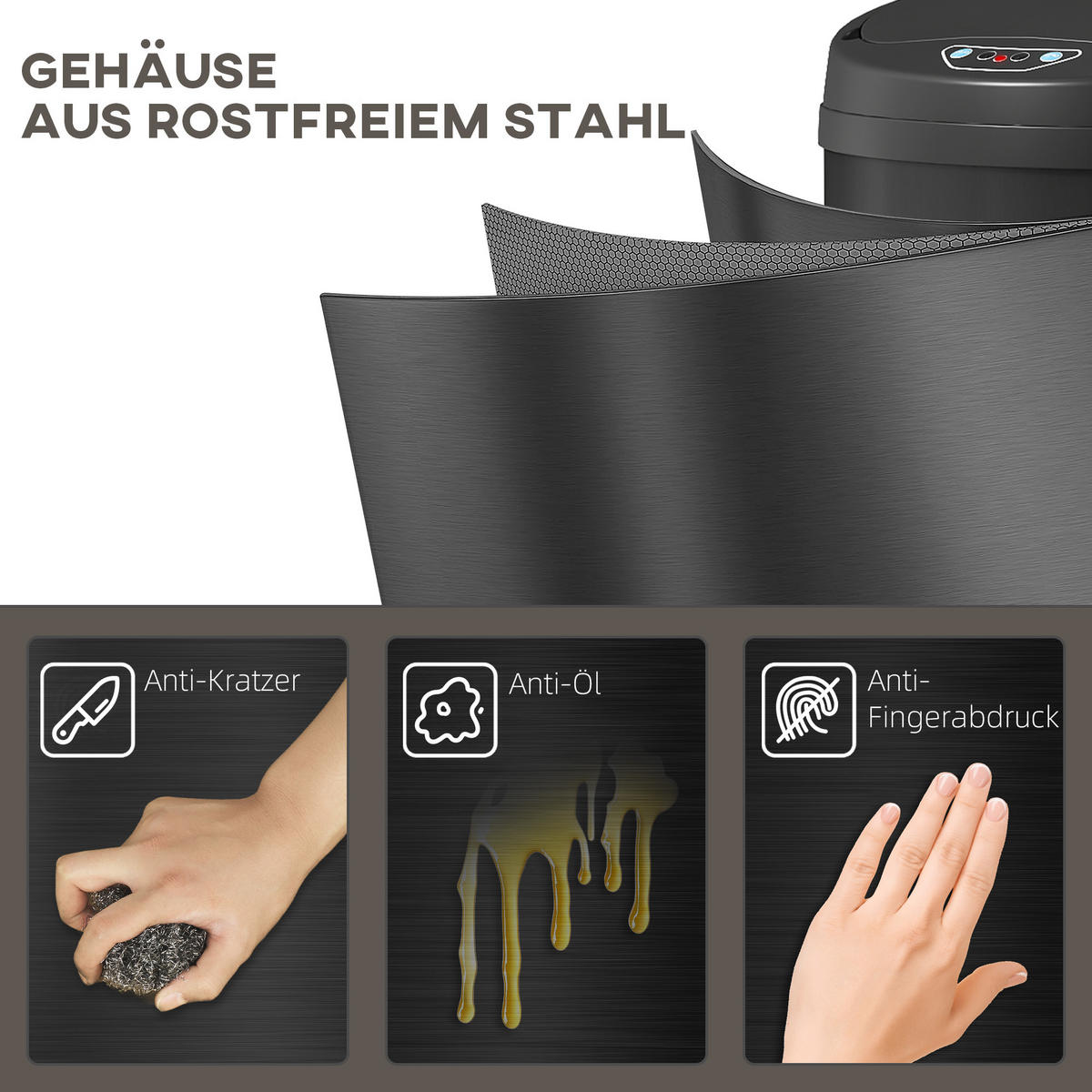 MÜLLEIMER mit Sensor 30L Edelstahl Automatischer Mülleimer mit Soft-Close-Deckel - Schwarz, Metall (30.5/51/32cm) - HOMCOM