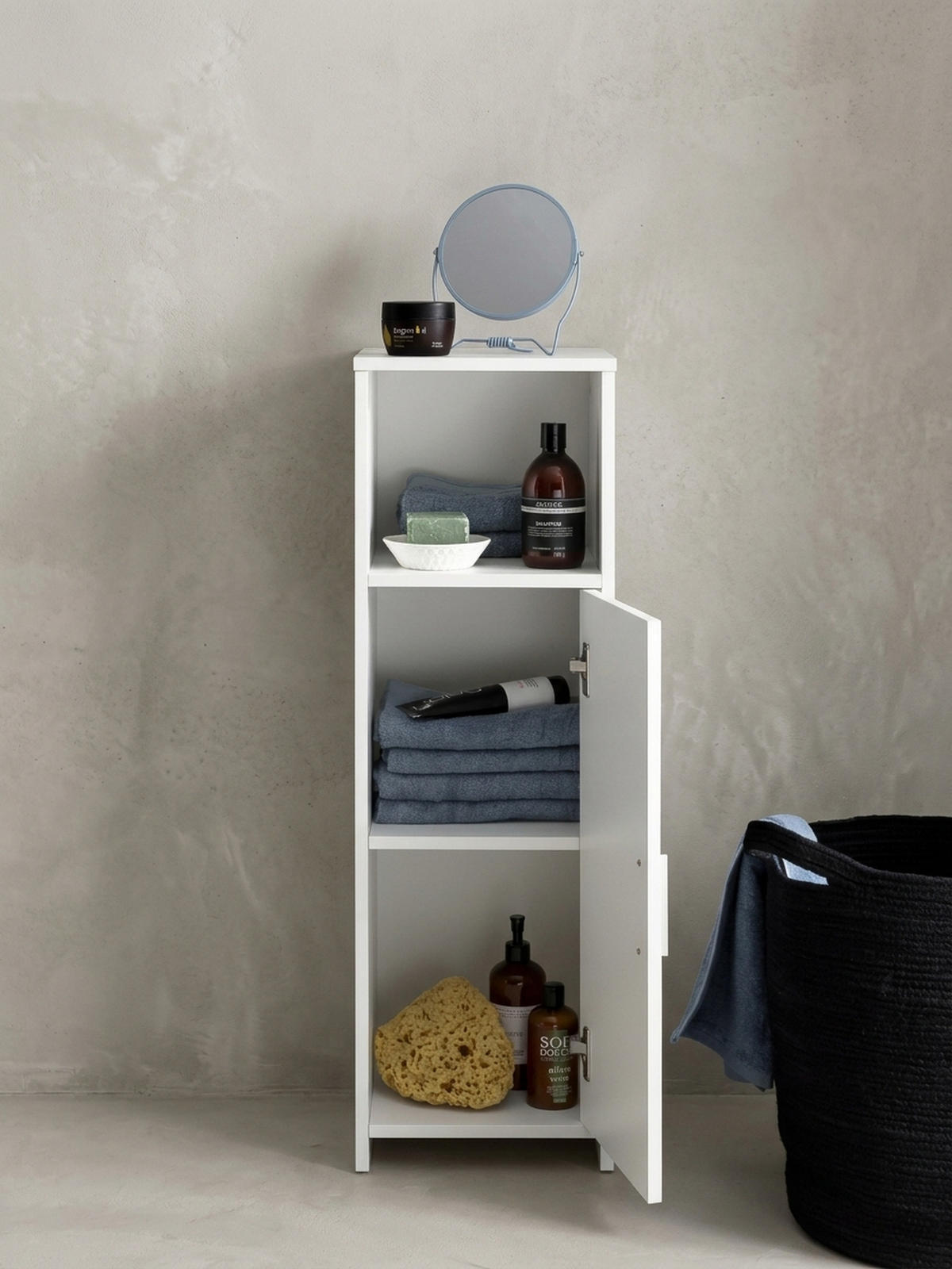 BADSCHRANK Weiß 30x95,5x30 cm aus Melamin mit kratzfester Oberfläche - Schwarz/Weiß, Holz/Metall (30/96/30cm) - KADIMA DESIGN