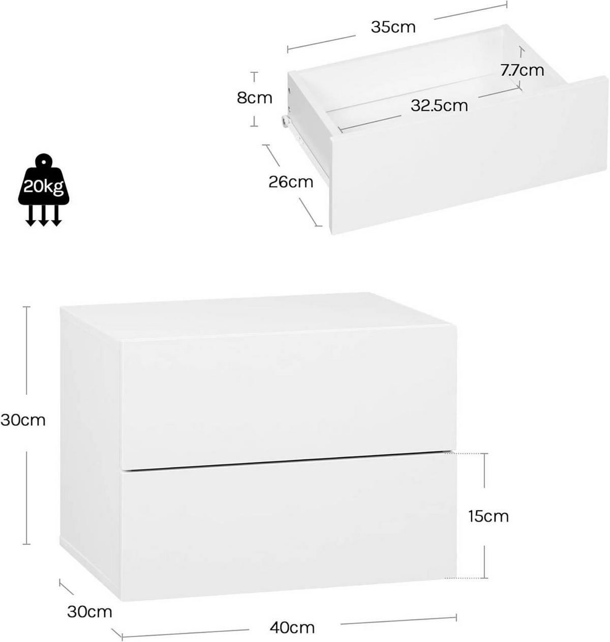 NACHTTISCH 2er Set hängend, mit 2 Schublade, 40x30x30 cm, Weiß - Weiß, Holzwerkstoff (40/30/30cm) - Woltu
