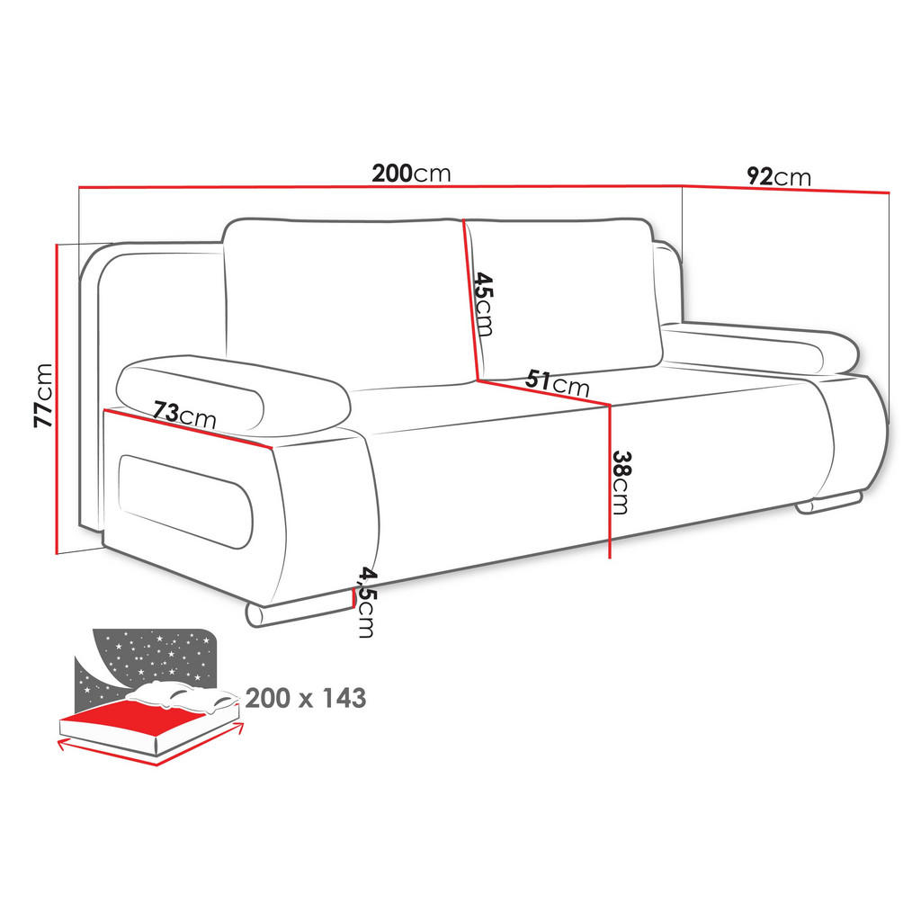 Thumbnail - Mirjan24 Schlafsofa, Alu, Textil, 3-Sitzer, Rechteckig, 200x77x92 cm, Wohnzimmer, Sofas & Couches, Schlafsofas