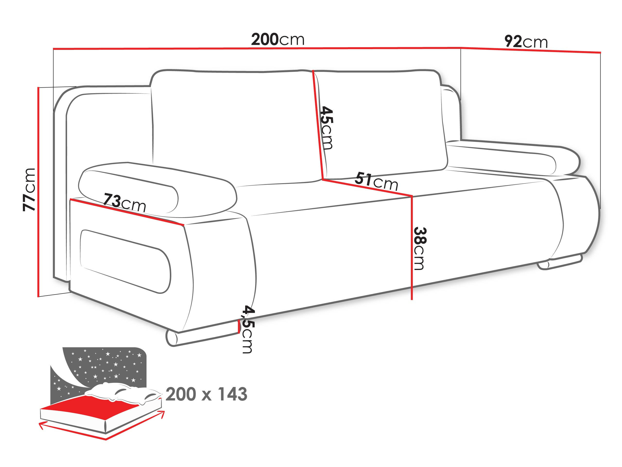 Thumbnail - Mirjan24 Schlafsofa, Schwarz, Textil, 3-Sitzer, Rechteckig, 200x77x92 cm, Wohnzimmer, Sofas & Couches, Schlafsofas