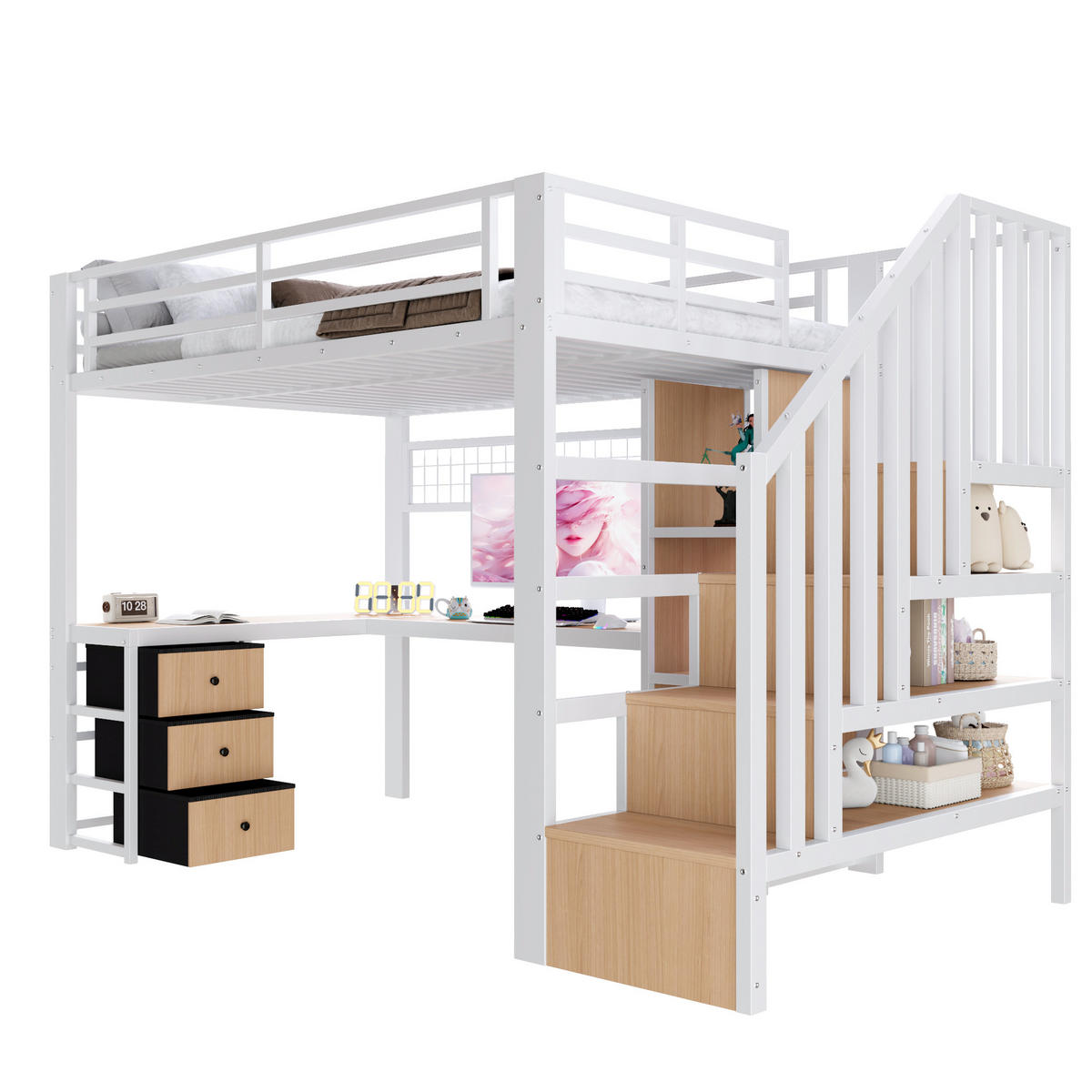 HOCHBETT 90/200 cm in Weiß mit 4 Schubladen, LED und Schreibtisch - Weiß, Holzwerkstoff/Metall (90/200cm) - STILVORA