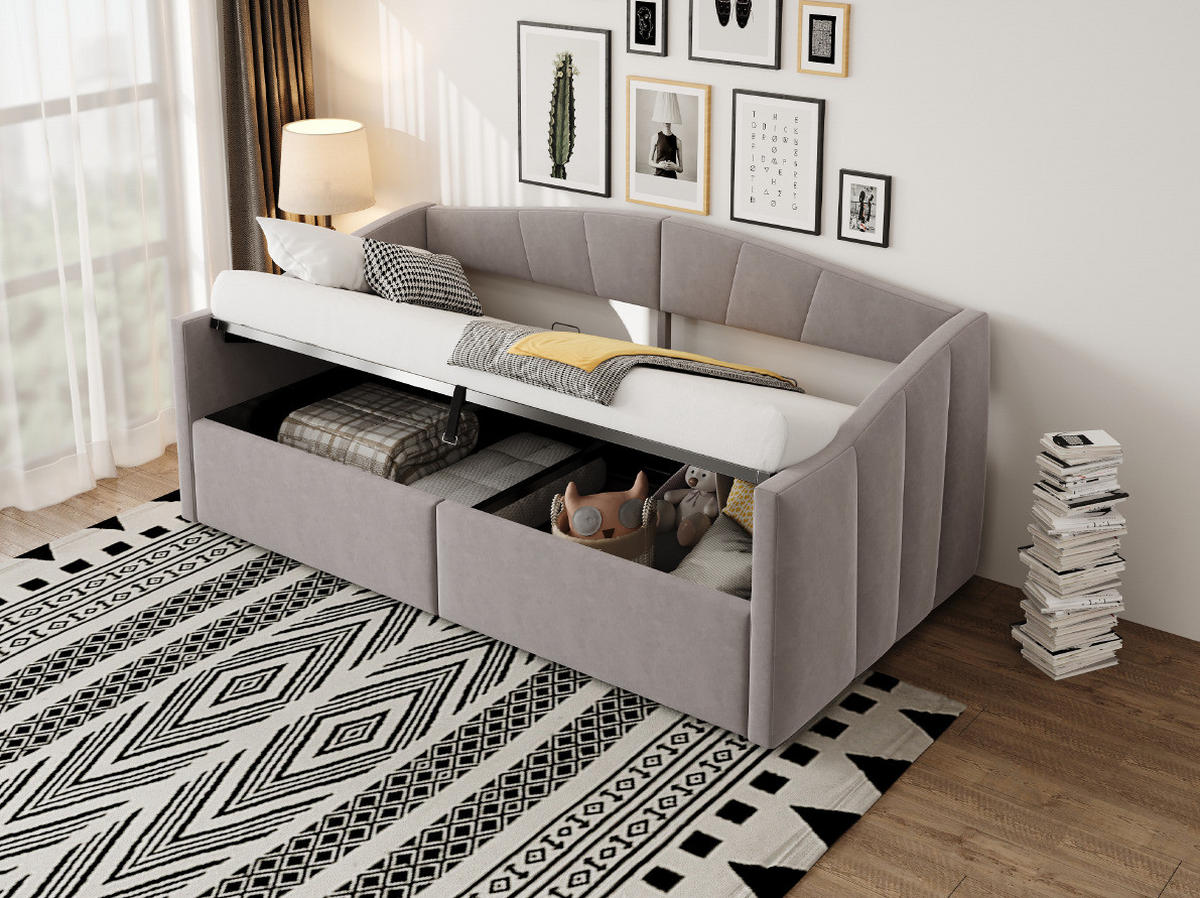 POLSTERBETT 90/200 cm Hellgrau aus Samtstoff mit Bettkasten - Hellgrau, Textil (90/200cm) - OKMYHOME