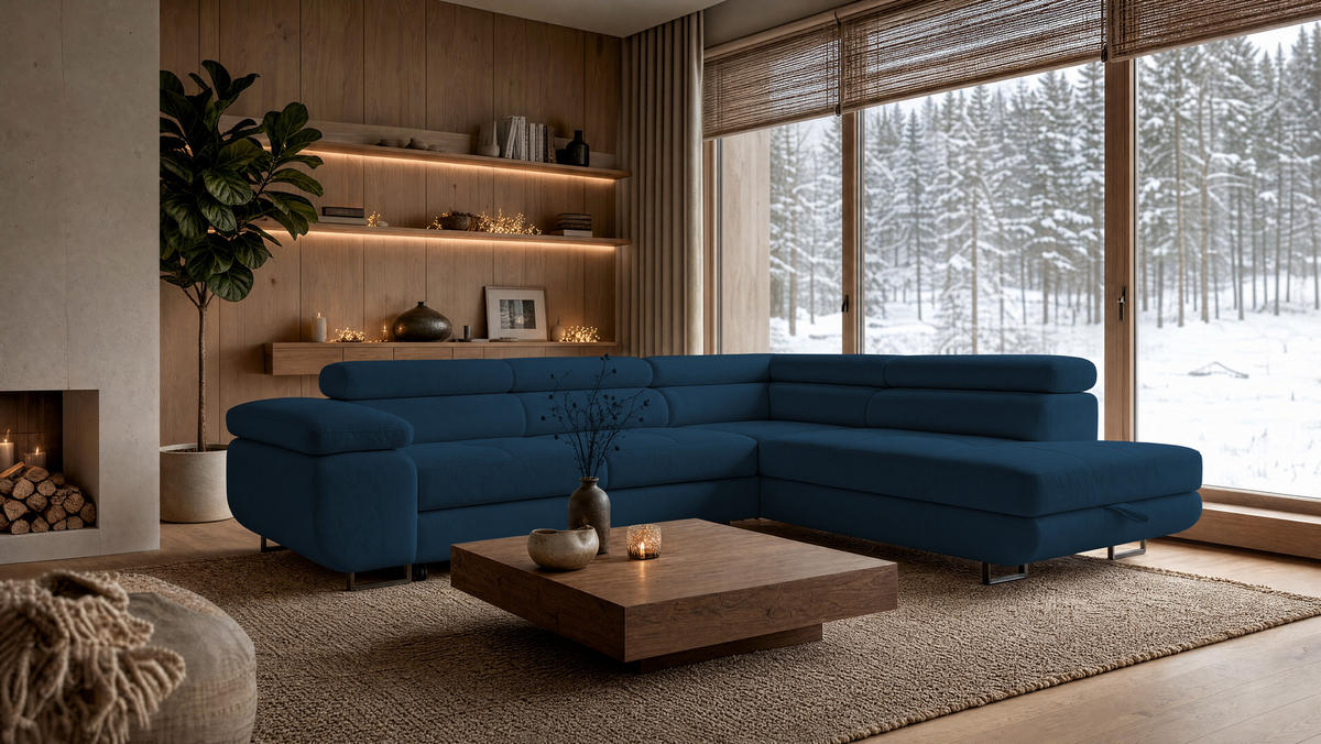 ECKSOFA Velmo mit Bettkasten und Schlaffunktion, verstellbaren Kopfstützen, in L-Form - Blau, Textil (275/203cm)