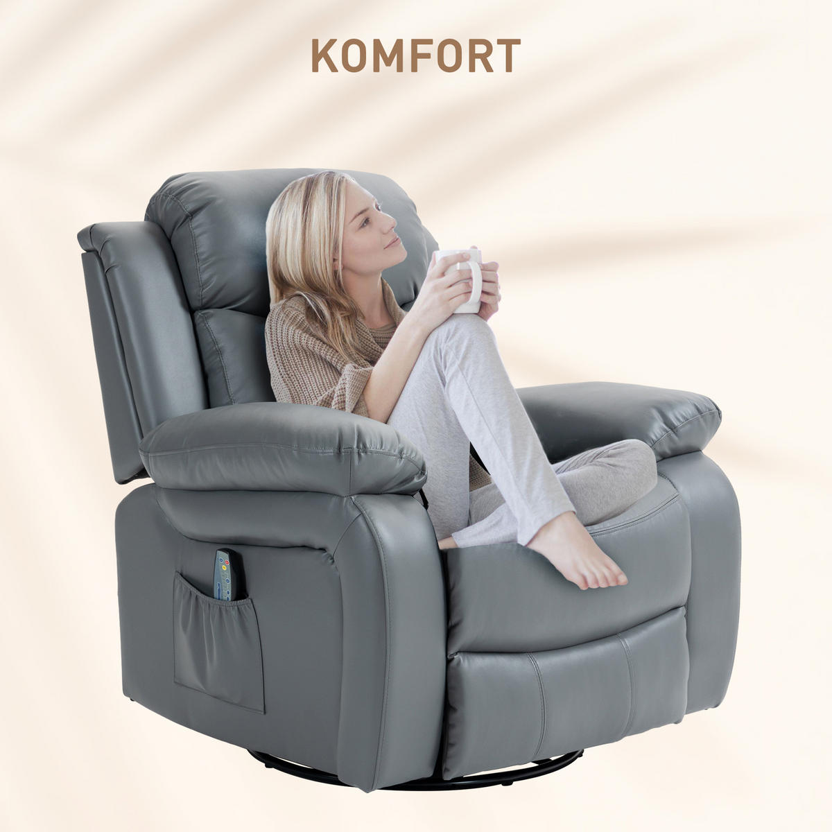 MASSAGESESSEL Drehbarer Relaxsessel mit 8 Vibrationsköpfen Liegefunktion Grau - Schwarz/Grau, Leder/Metall (90/101/93cm) - HOMCOM