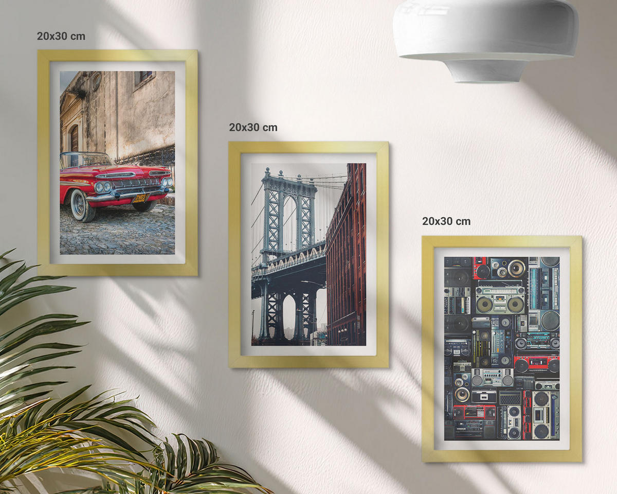 BILDER SET 3er Set - 20x30 cm Goldrahmen - Alte Autobrücke Brooklyn Retro-Audio - Goldfarben, Kunststoff (20/30cm) - TULUP