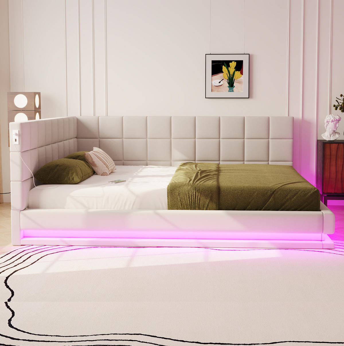 POLSTERBETT Schlafsofa 160/200 cm aus Leinen mit LED-Lichtleiste und USB-Anschluss Beige - Beige, Textil (160/200cm) - Modenvie