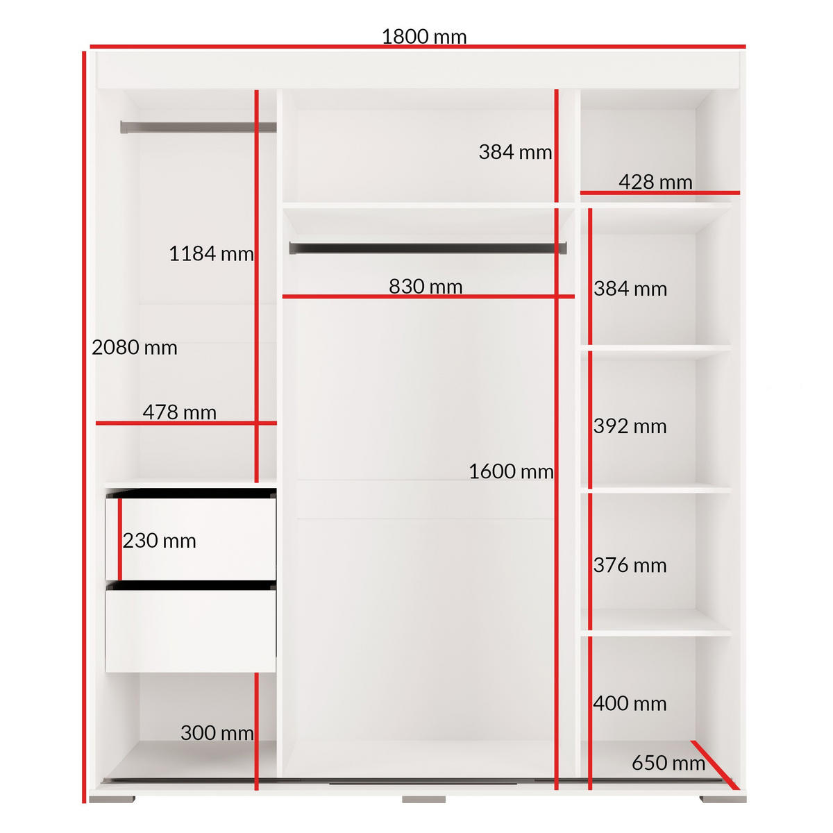 SCHIEBETÜRENSCHRANK mit Schubladen Como 3D 180 Weiß (lacobel) - Silberfarben/Weiß, Holzwerkstoff/Metall (180/208/67cm) - mzm24