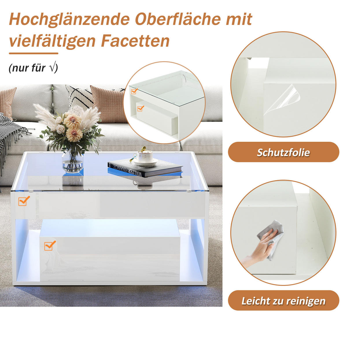 KONFERENČNÝ stolík 70/70/35 cm, biely MDF s tvrdeným sklom, LED a 2 zásuvkami - biela, kompozitné drevo (70/70/35cm) - Flora Grace