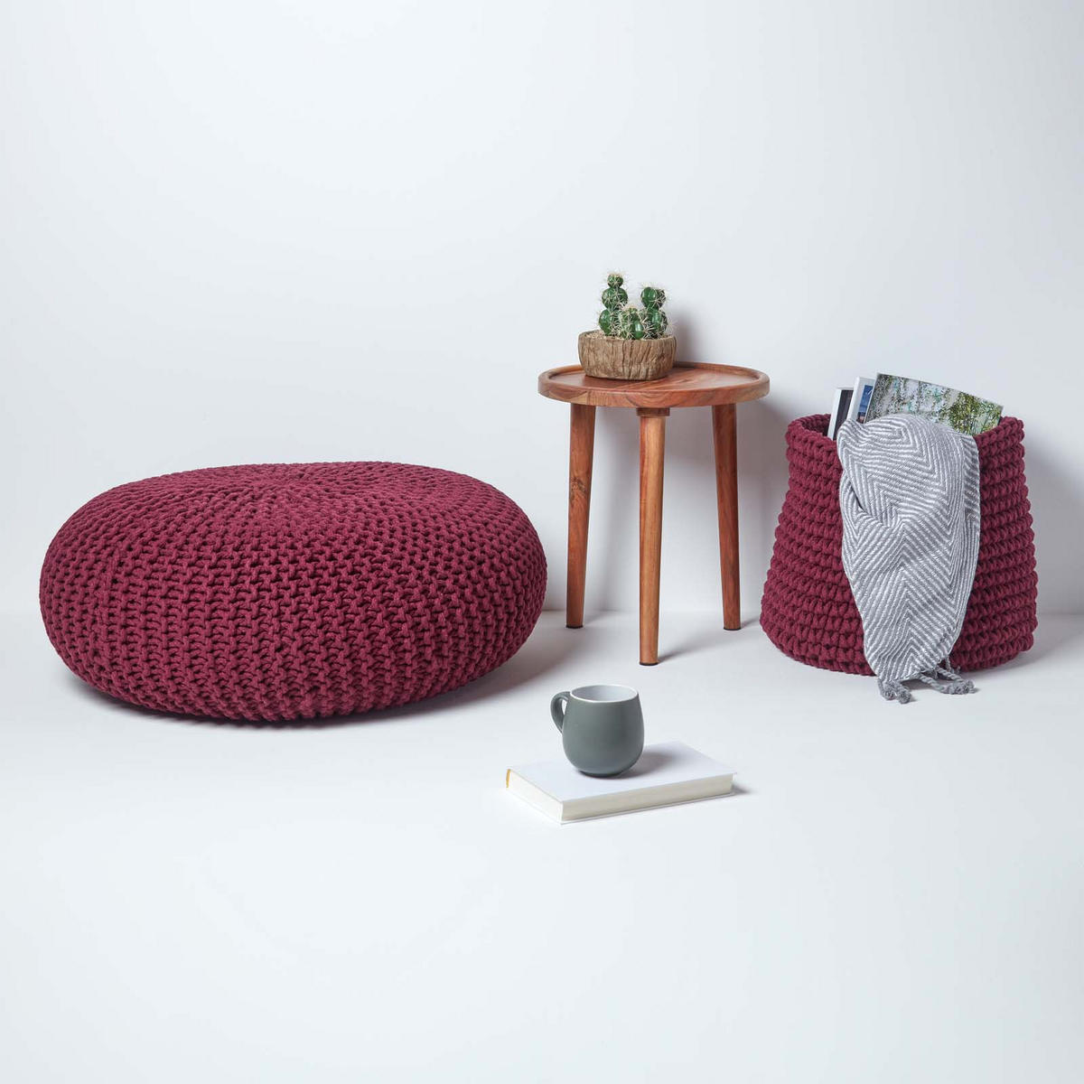 STRICK-POUF weinrot, Bodenkissen rund 70/70/23 cm - Weinrot, Textil (70/23/70cm) - Homescapes