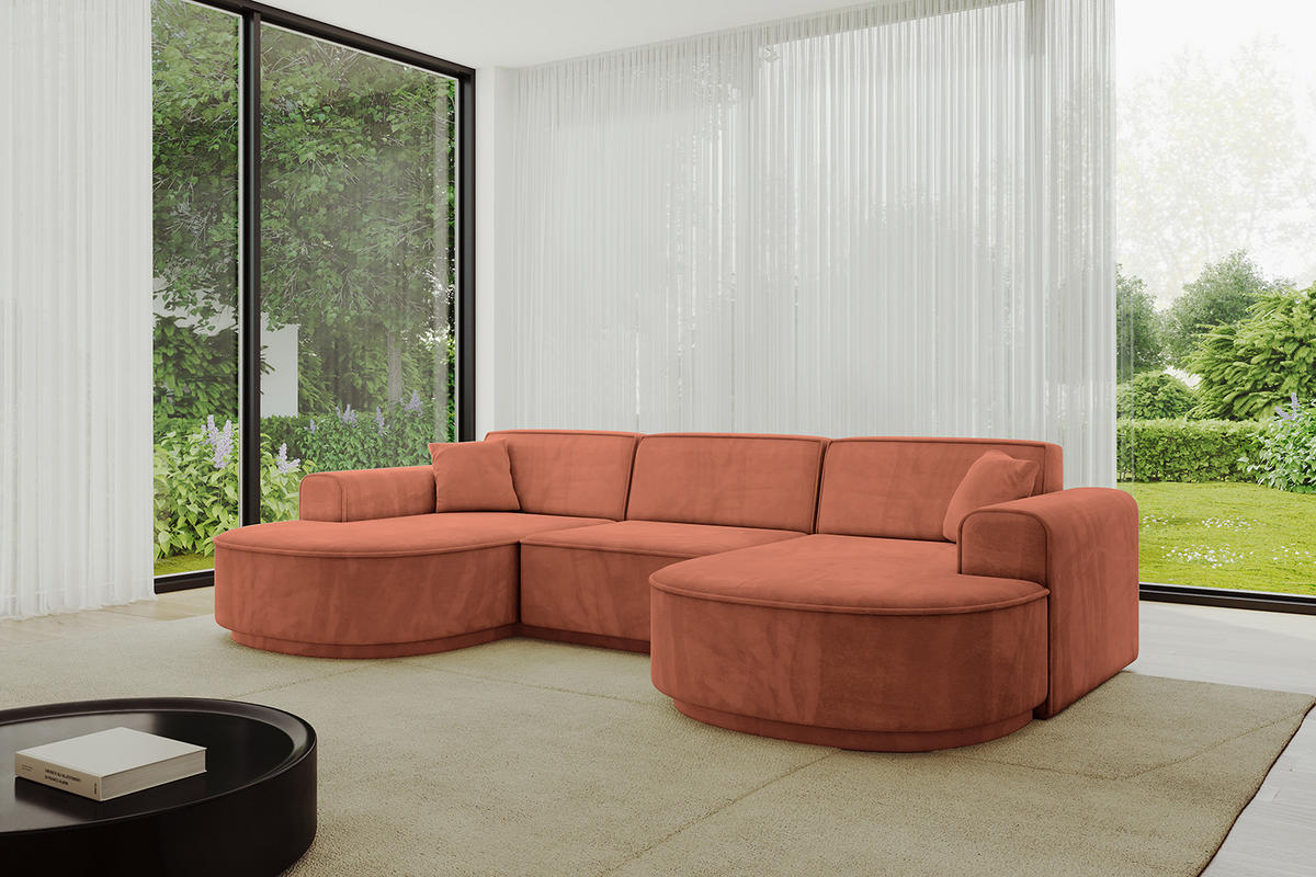 WOHNLANDSCHAFT MARI-U1-v3 - 303x171x83 cm Koralle Velours - Koralle/Schwarz, Holzwerkstoff/Kunststoff (303/83/171cm) - ALTDECOR