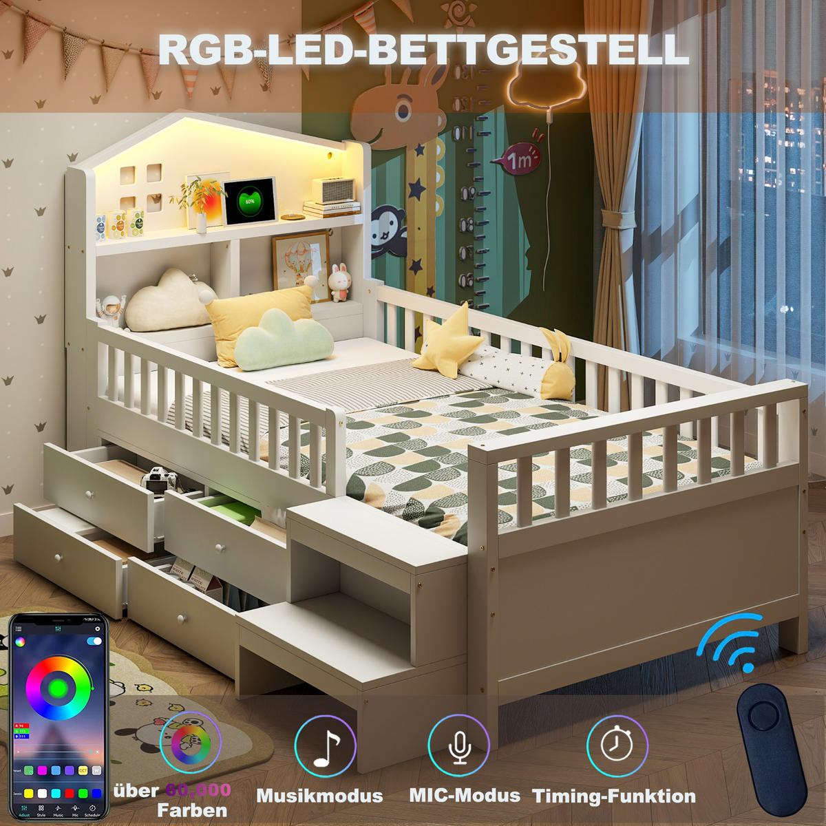 KINDERBETT 90x200 cm LED USB Schubladen weiß - Weiß, Holz (90/200cm) - LEBENLANG