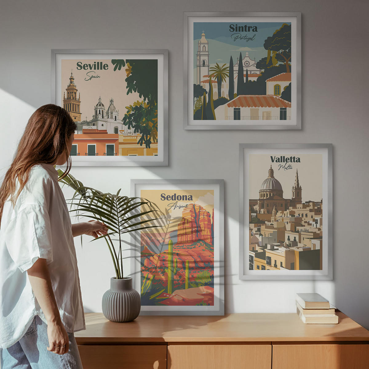 BILDER SET 4er Set - 50x50 cm & 40x60 cm Silberner Rahmen - Retro-Stadtansichten Sedona Sintra - Silberfarben, Kunststoff (50/50cm) - TULUP