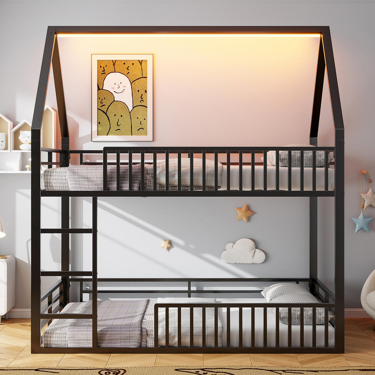 ETAGENBETT mit Hausform 140/200 cm, Schwarz mit LED-Licht - Schwarz, Metall (140/200cm) - MIVRAY