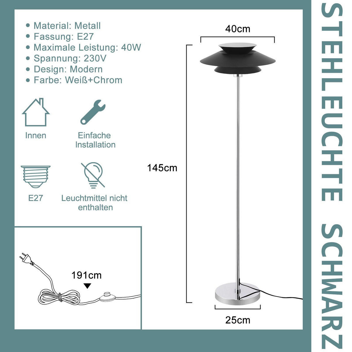 STEHLEUCHTE Albert 40/25/145 cm - Schwarz, Metall (45/22/178cm) - Nettlife
