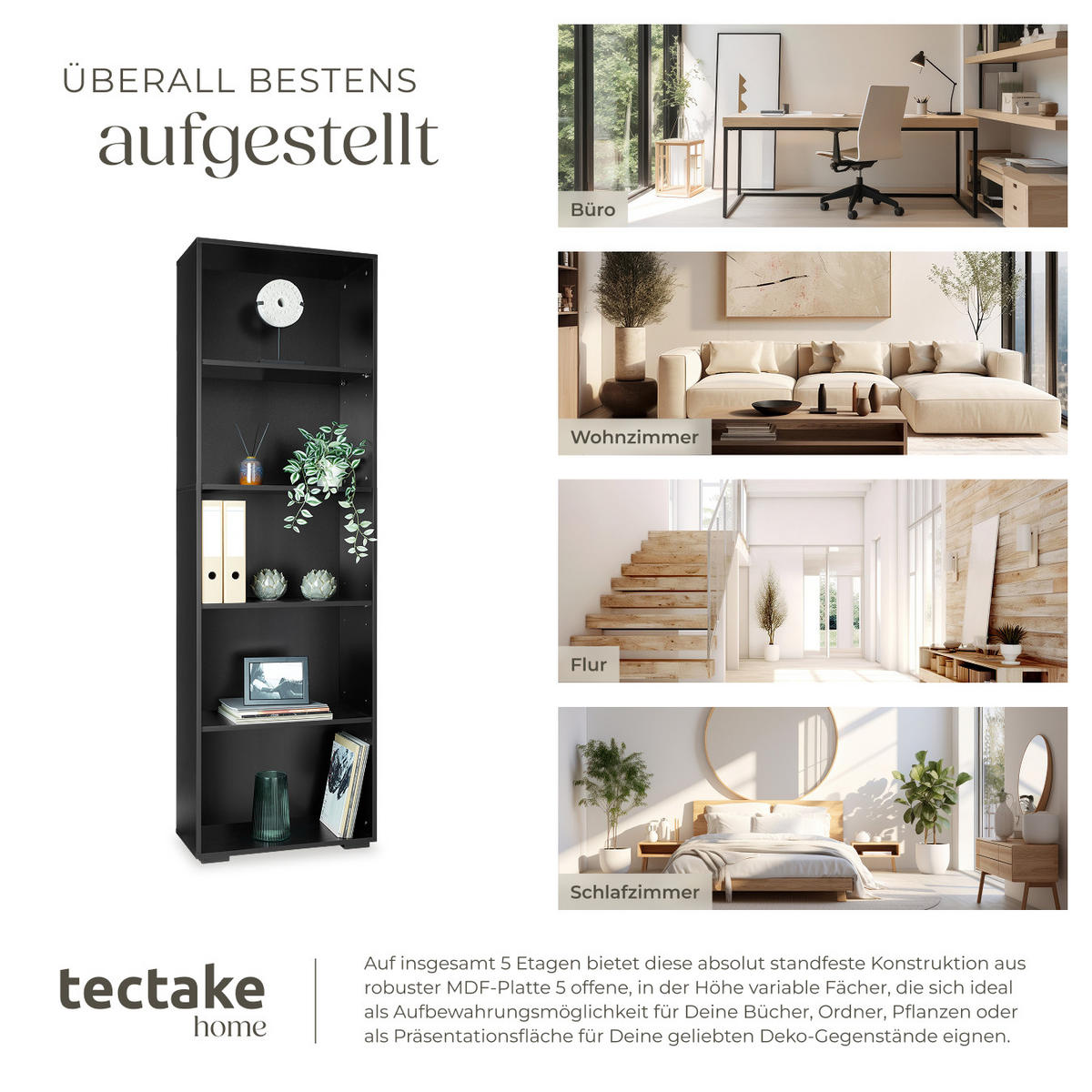 BÜCHERREGAL Lexi,60 x 30 x 190 cm,schwarz - Schwarz, Holz (30/190/60cm) - tectake