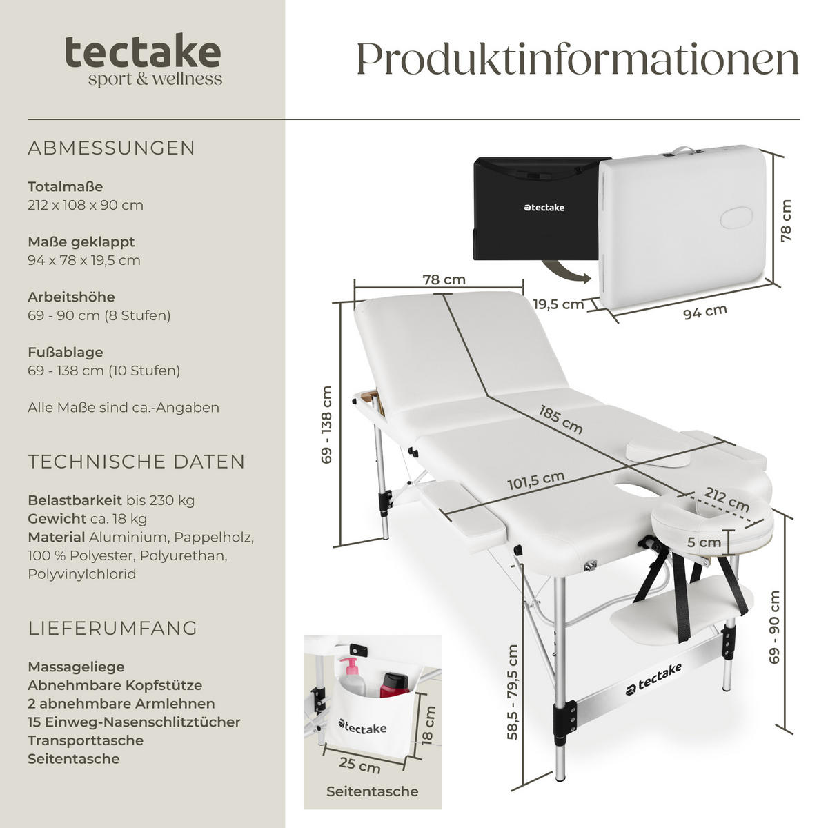 MASSAGELIEGE 3 Zonen Ko Tao,212 x 108 x 90 cm,weiß - Weiß, Metall (108/90/212cm) - tectake