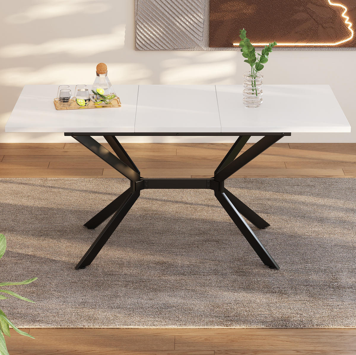 ESSTISCH aus MDF 160x75x80 cm Weiß mit Ausziehfunktion und schwarzen Metallbeinen - Weiß, Holzwerkstoff (160/75/80cm) - Modfu