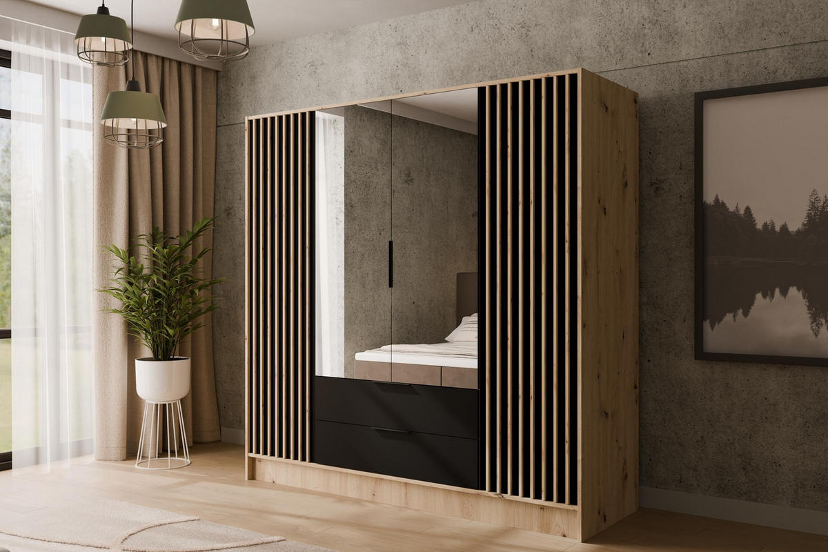 KLEIDERSCHRANK NELIA - 200 cm - Schwarz/Eiche Artisan, Holzwerkstoff (200/200/51cm) - ALTDECOR
