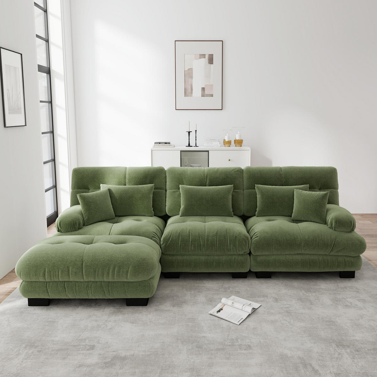ECKSOFA aus Chenille 145x313x81 cm in Grün mit passender Ottomane - Grün, Textil (145/313cm) - Modfu