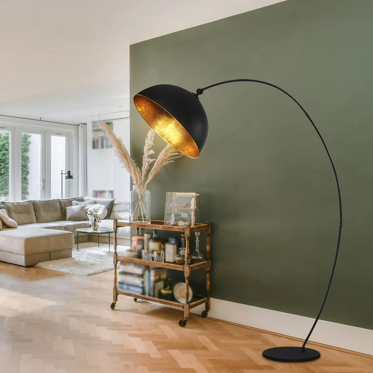 LED STEHLEUCHTE Blattgold Schwarz Matt - Schwarz, Metall (115/45/182cm) - Globo Lighting