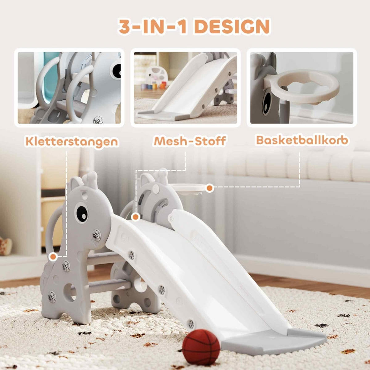 KINDERRUTSCHE 3-in-1 und Basketballkorb Grau - Grau, Kunststoff (51.5/52/106cm) - Korfee
