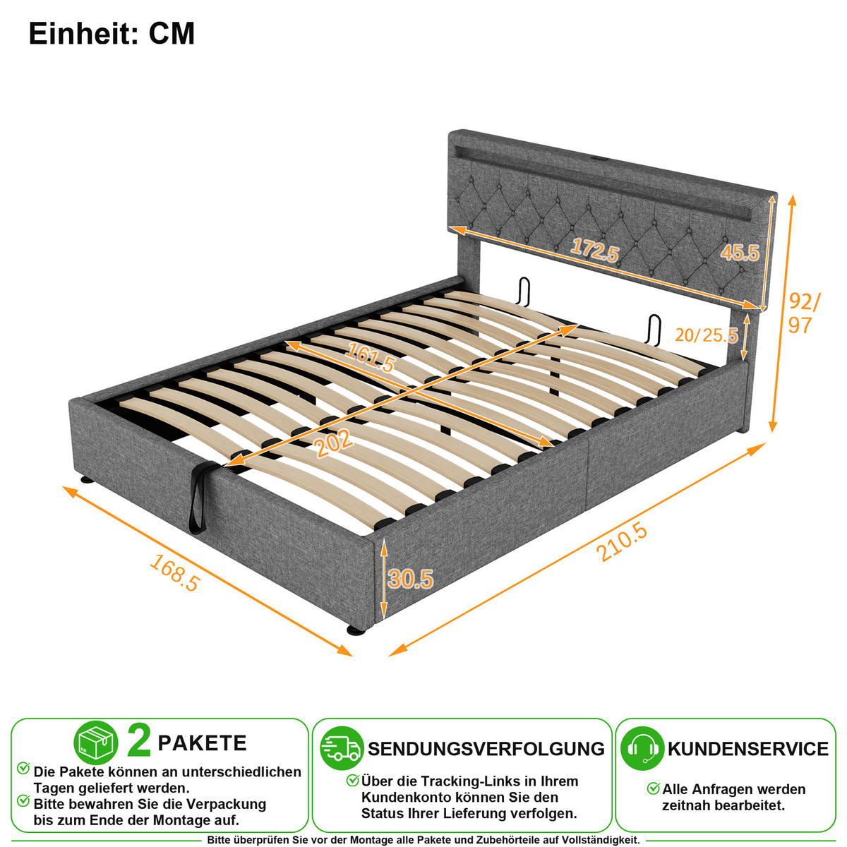 POLSTERBETT 160/200 cm in Grau mit Bettkasten, LED und USB/Type-C Leinen - Grau, Holzwerkstoff/Textil (160/200cm) - CHICFURN