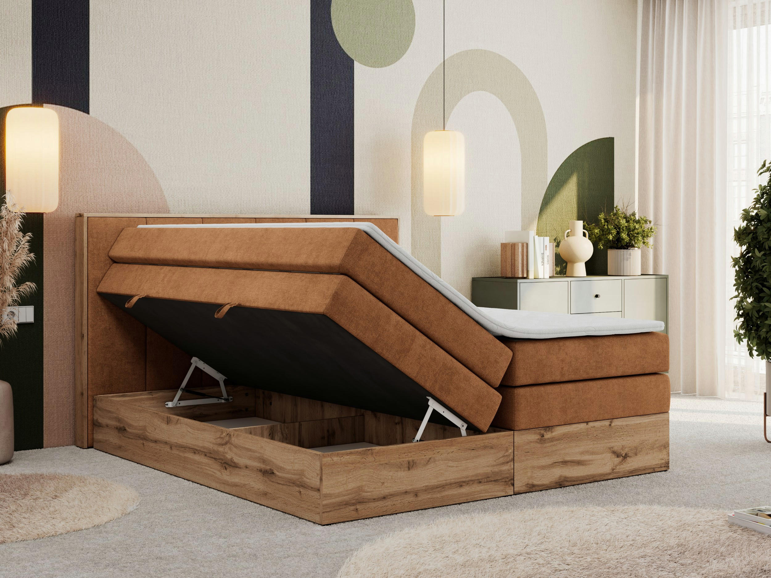 Thumbnail - MKS Boxspringbett, Orange, Textil, 2-Sitzer, H3, Rechteckig, 140x200 cm, Oeko-Tex®, Schlafzimmer, Betten, Boxspringbette...