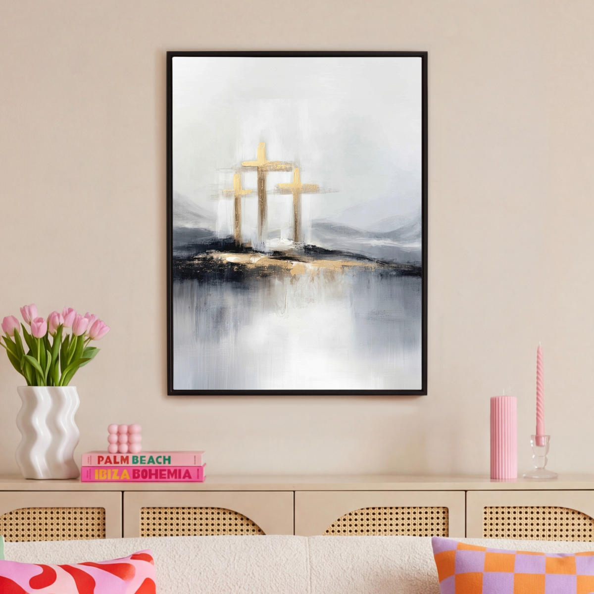 LEINWAND Bilder mit Rahmen - Abstrakt - Malerei - Christentum - Kreuz - 70x100 - Weiß, Textil (70/100cm) - MuchoWow